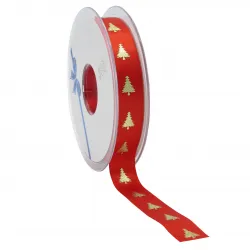 Christmas Tree Satin Ribbon; Gold on Red