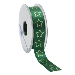 Bright Stars Satin Ribbon; Gold on Green