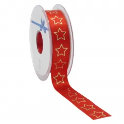 Bright Stars Satin Ribbon; Gold on Red