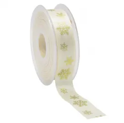 Snowflakes Satin Ribbon; Gold on Cream