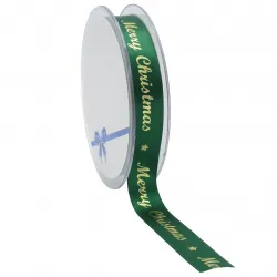 Merry Christmas Satin Ribbon; Gold on Green